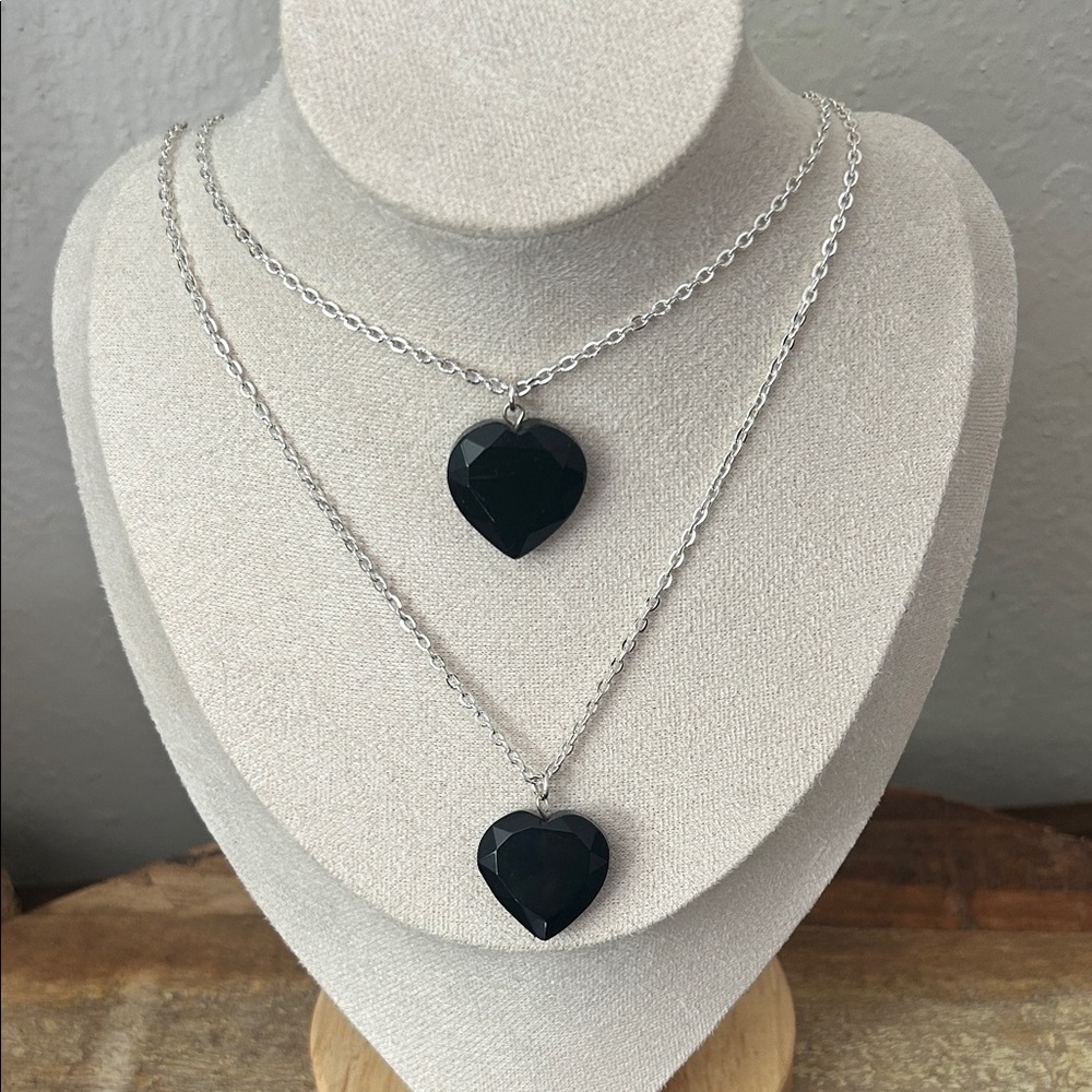 Black Hearts Pendants with Silver Chain Necklace